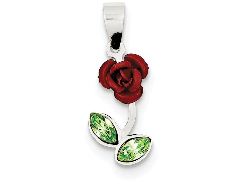 FJC Finejewelers Sterling Silver Red Enamel W/green Cubic Zirconia Rose Charm