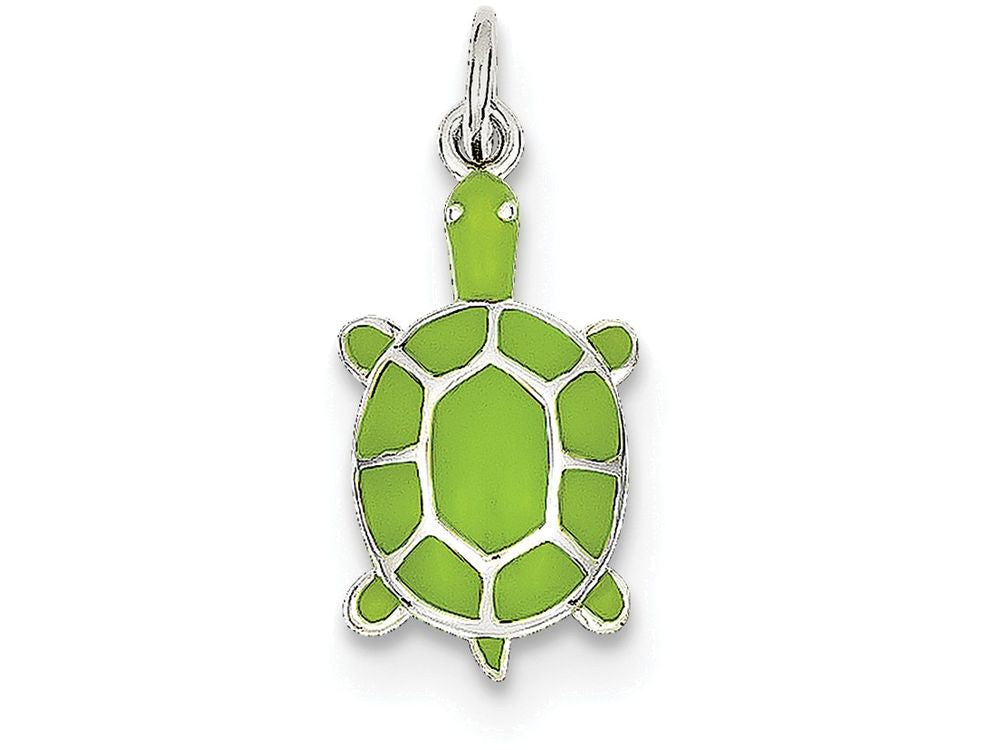 FJC Finejewelers Sterling Silver Green Enameled Turtle Pendant Necklace - Chain Included