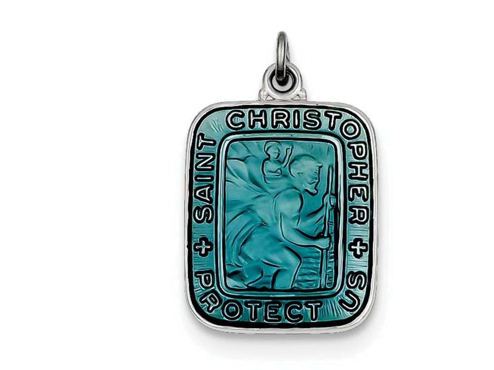 FJC Finejewelers Sterling Silver Blue Enamel Square St. Christopher Medal Pendant Necklace - Chain Included