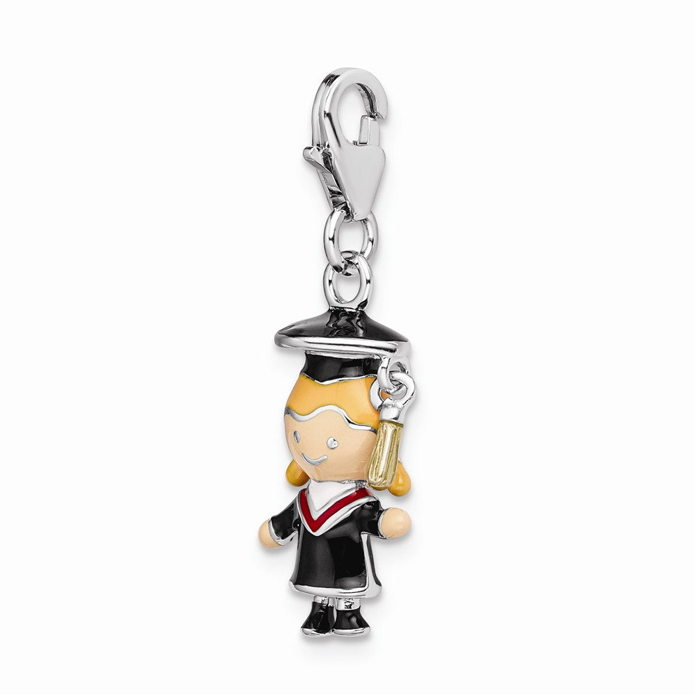 Sterling Silver Rhodium-plated Enamel Grad Girl With  Lobster Clasp Charm