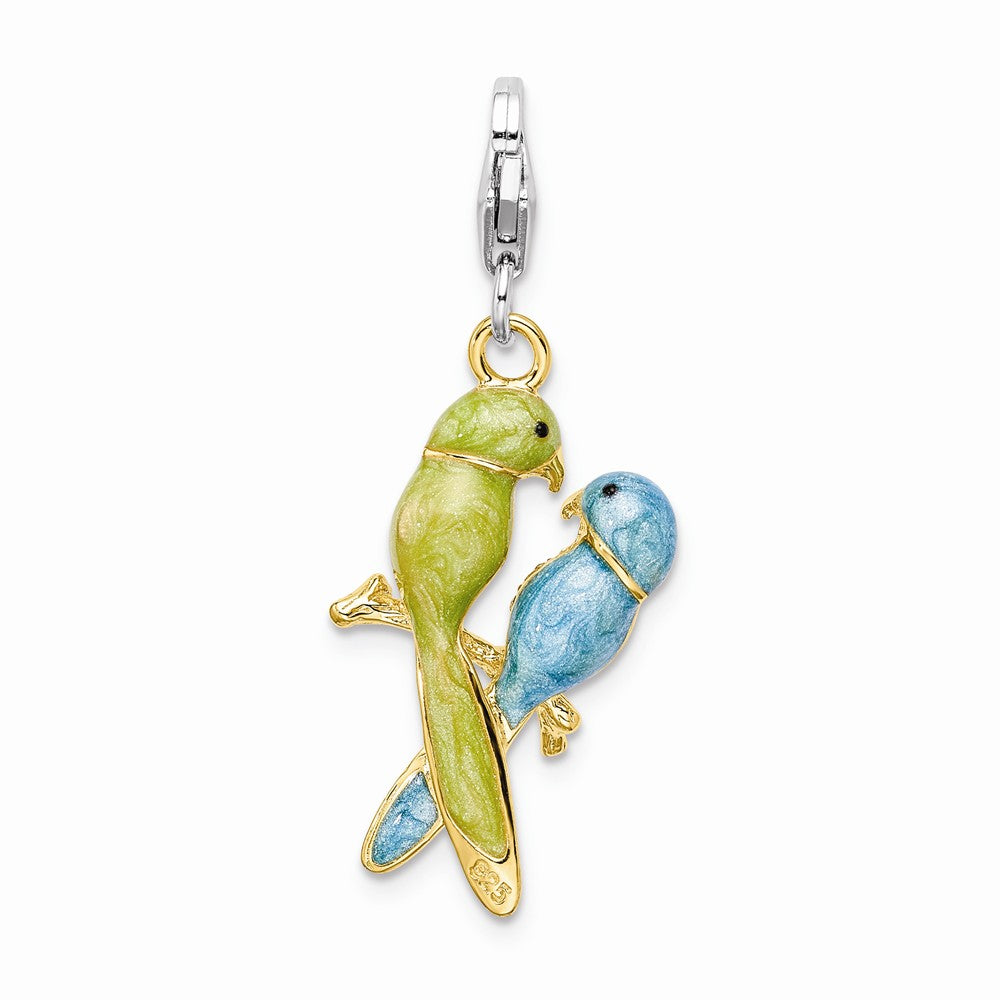 Sterling Silver Rhodium-plated Enamel Crystals Love Birds Charm