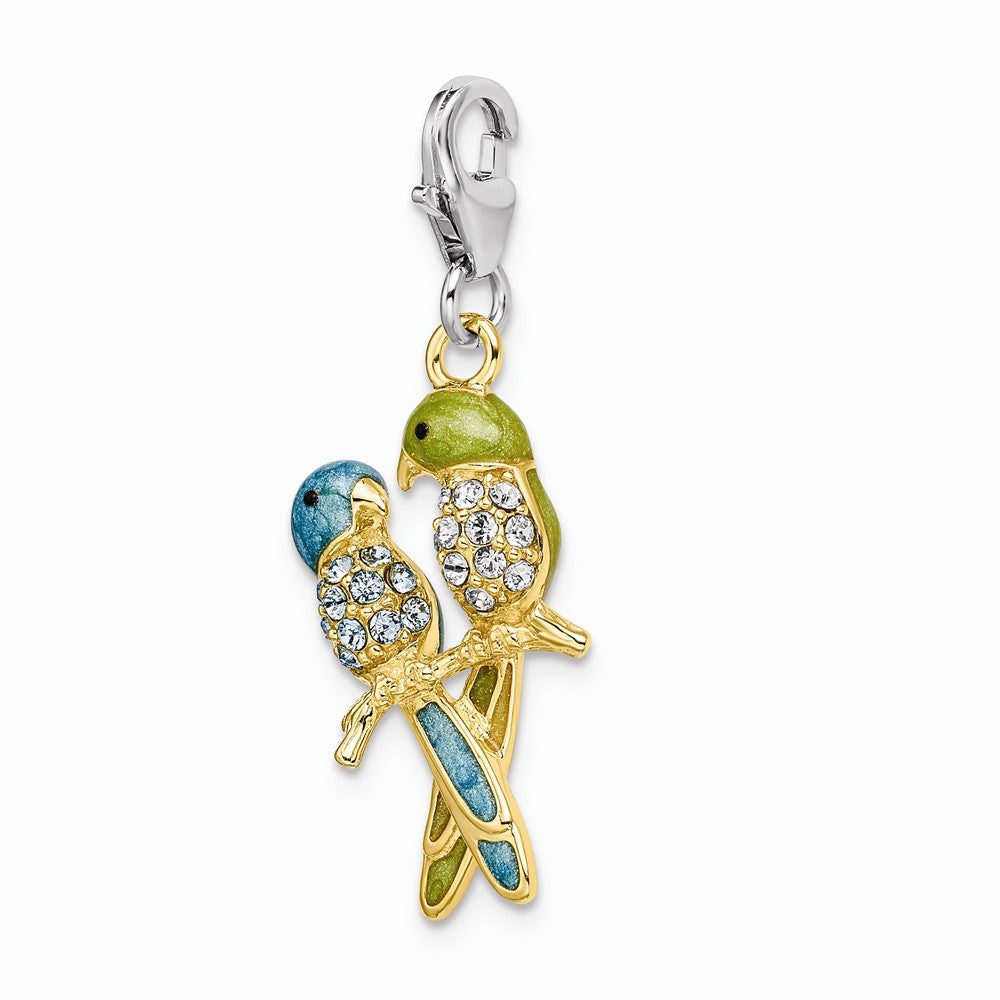 Sterling Silver Rhodium-plated Enamel Crystals Love Birds Charm