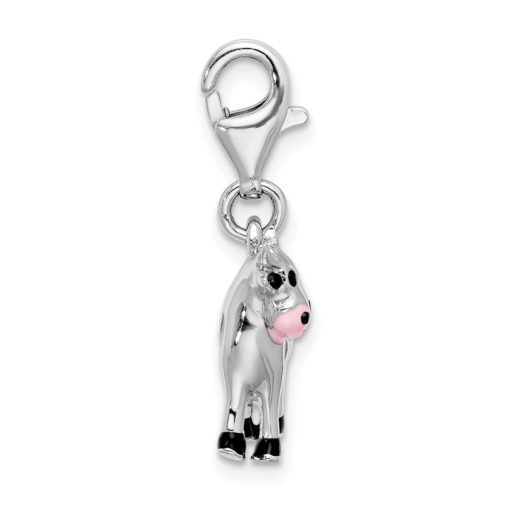 Sterling Silver Rhodium-plated Polished And Enameled 3d Cow Charm