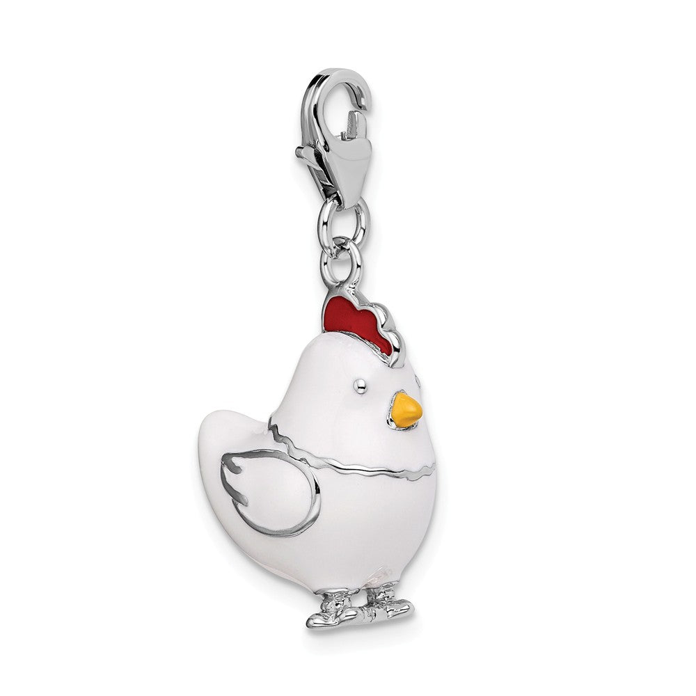Sterling Silver Rhodium-plated And Enamel Chicken With  Lobster Clasp Charm
