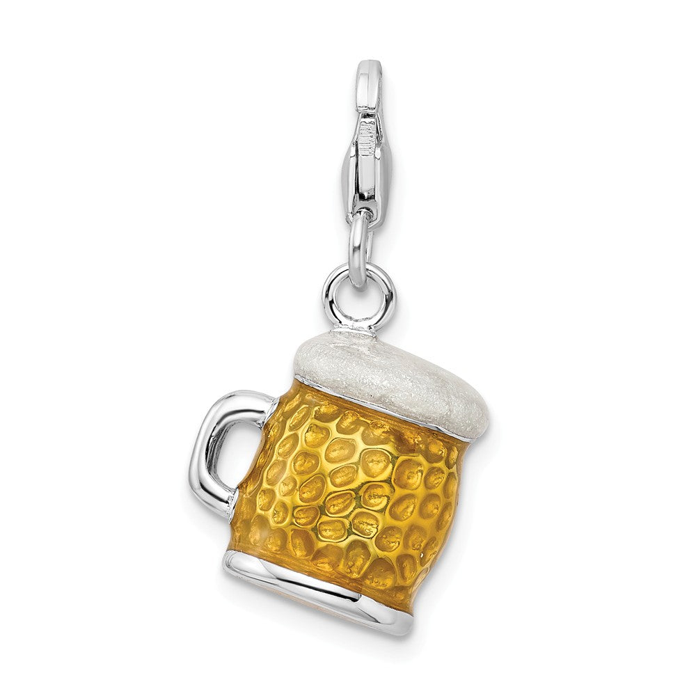 Sterling Silver Rhodium-plated Enameled Beer Mug With Lobster Clasp Charm
