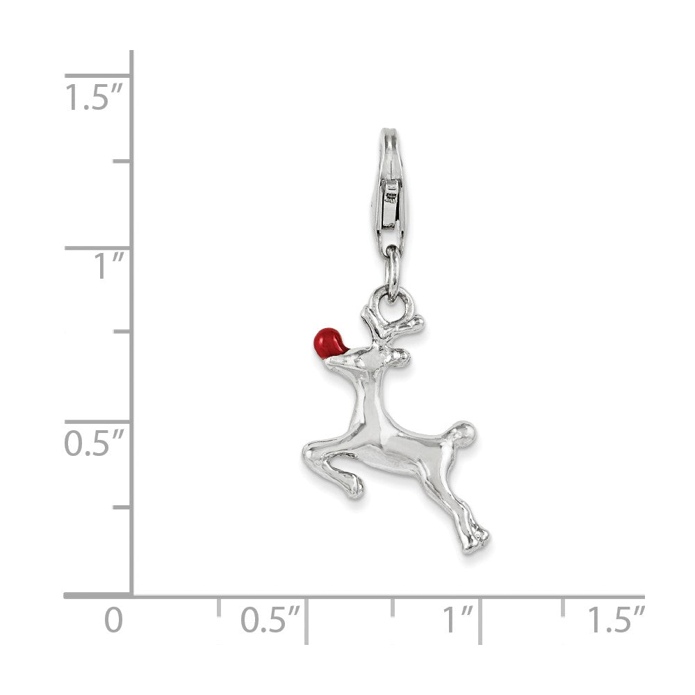 Sterling Silver Rhodium-plated Enameled Reindeer Charm