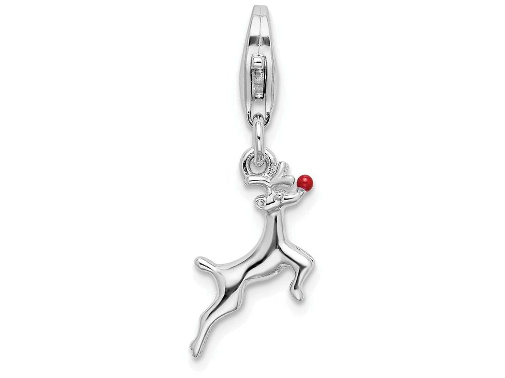 Sterling Silver Rhodium-plated Enameled Reindeer Charm