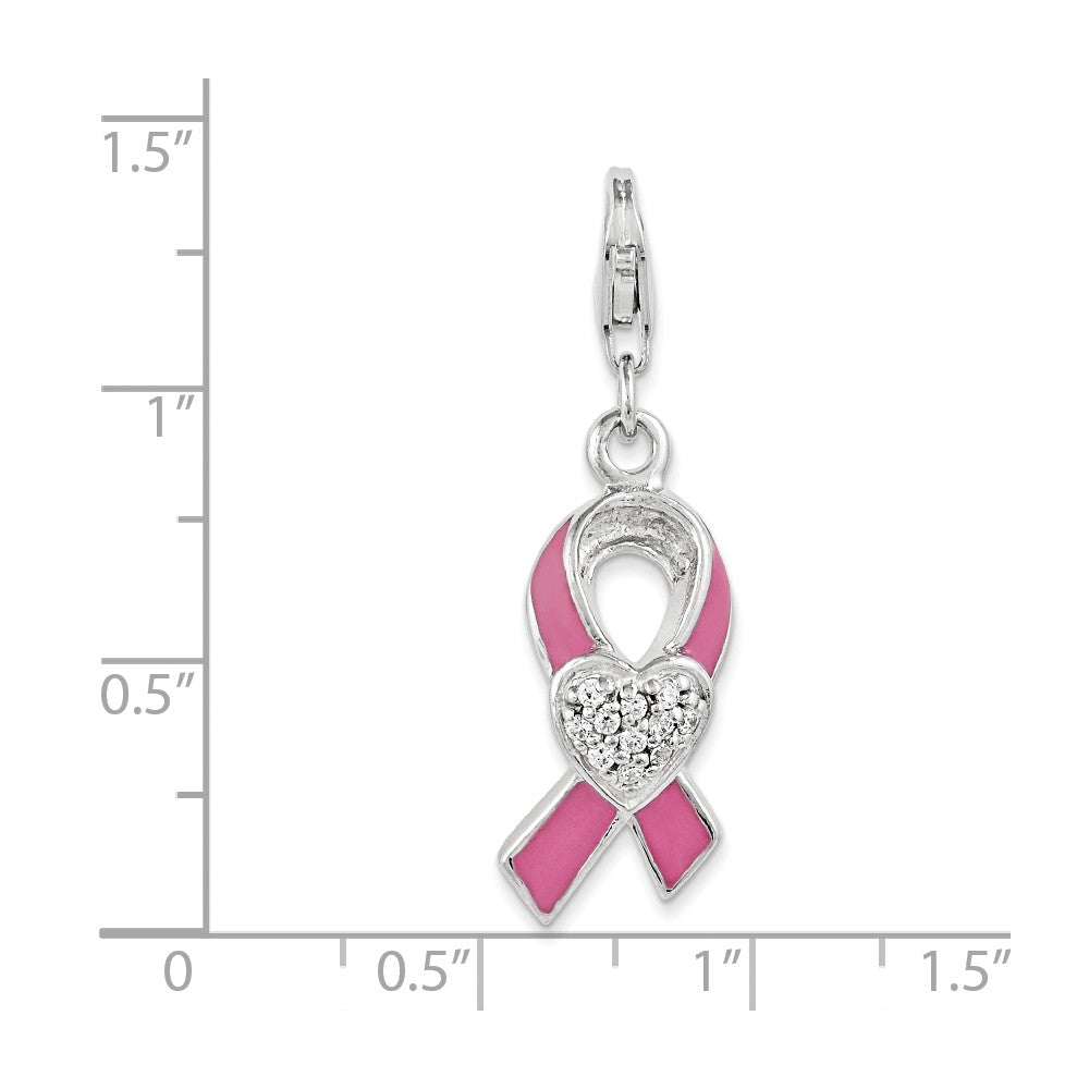 Sterling Silver Rhodium-plated Enameled With Cz Awarenesterling Silver Ribbon and Heart Charm