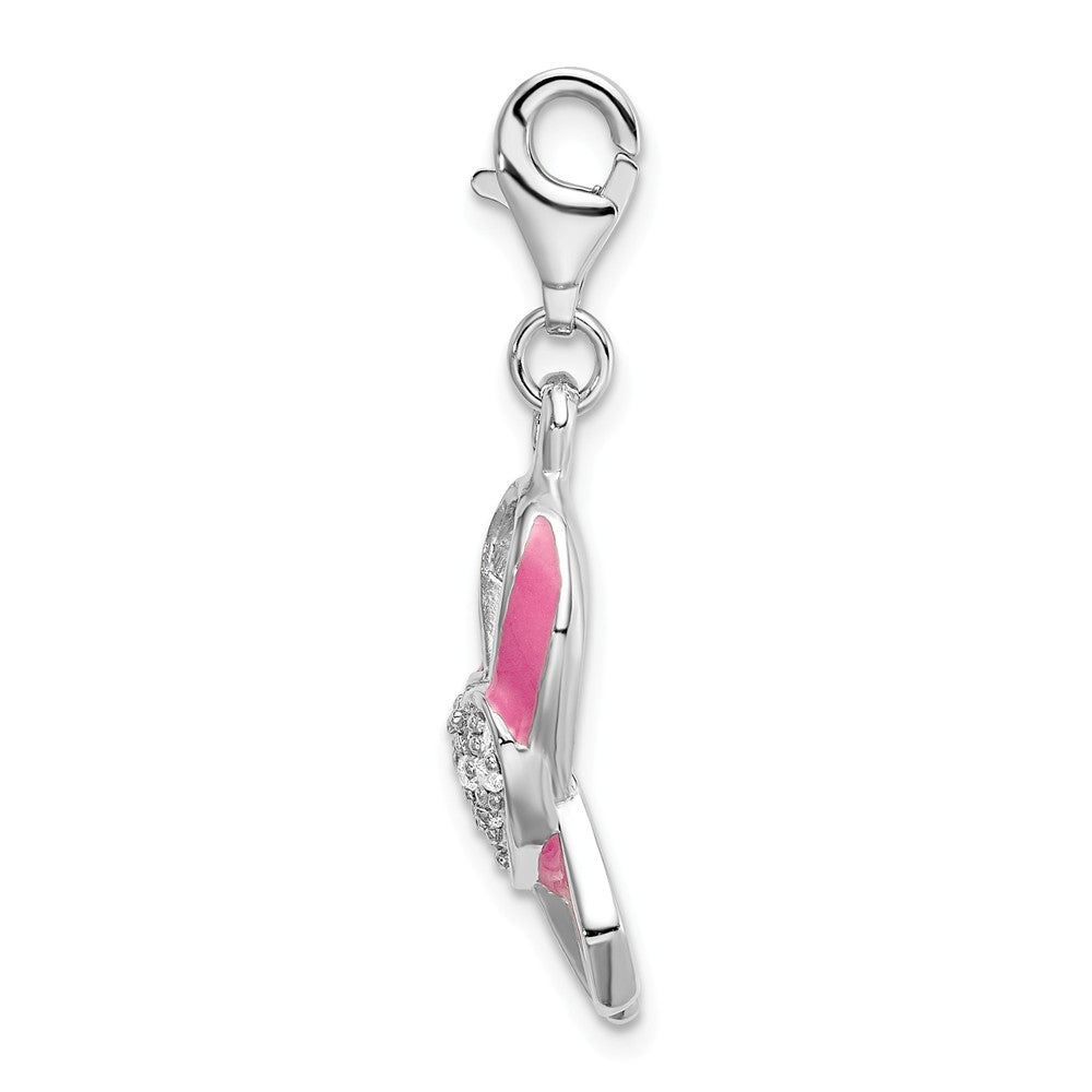 Sterling Silver Rhodium-plated Enameled With Cz Awarenesterling Silver Ribbon and Heart Charm