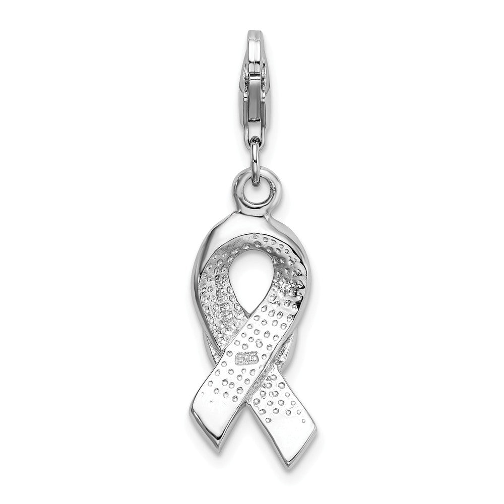 Sterling Silver Rhodium-plated Enameled With Cz Awarenesterling Silver Ribbon and Heart Charm