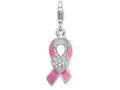 Sterling Silver Rhodium-plated Enameled With Cz Awarenesterling Silver Ribbon and Heart Charm