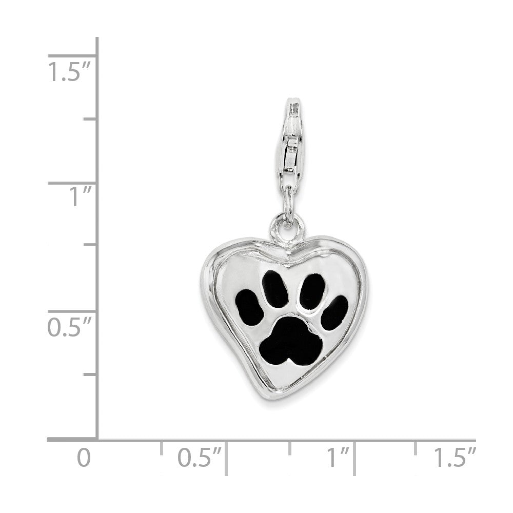 Sterling Silver Rhodium-plated Polished And Enameled Heart With Dog Paw Print Charm