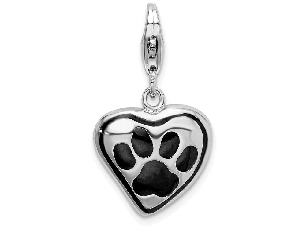 Sterling Silver Rhodium-plated Polished And Enameled Heart With Dog Paw Print Charm