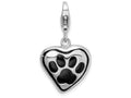 Sterling Silver Rhodium-plated Polished And Enameled Heart With Dog Paw Print Charm