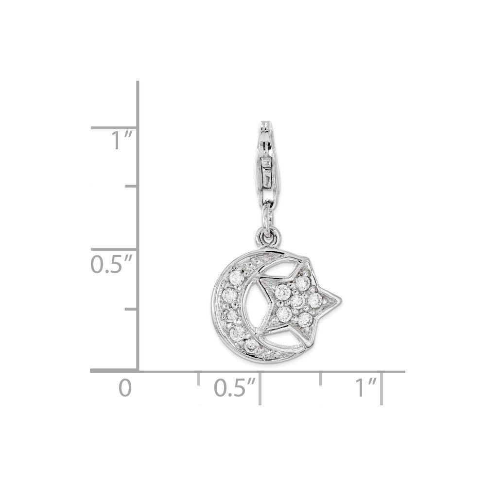Sterling Silver Rhodium-plated Polished With  Cz Moon And Star Lobster Clasp Charm