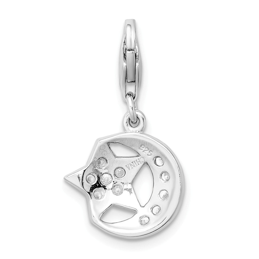 Sterling Silver Rhodium-plated Polished With  Cz Moon And Star Lobster Clasp Charm