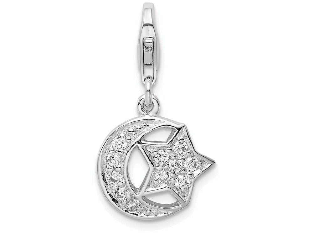 Sterling Silver Rhodium-plated Polished With  Cz Moon And Star Lobster Clasp Charm