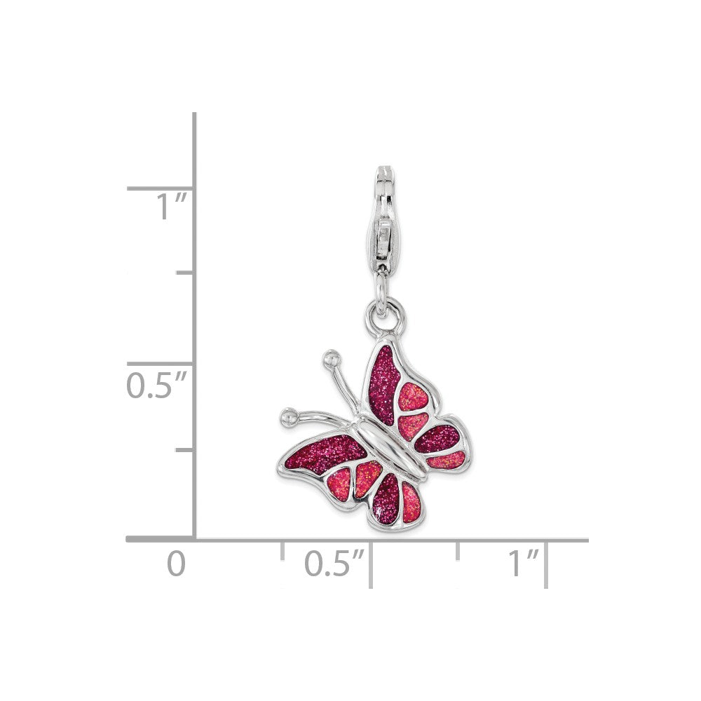 Sterling Silver Rhodium-plated Pink and White Enameled Butterfly With Lobster Clasp Charm