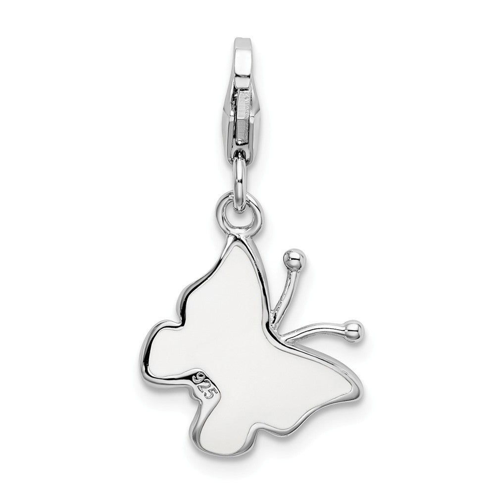 Sterling Silver Rhodium-plated Pink and White Enameled Butterfly With Lobster Clasp Charm