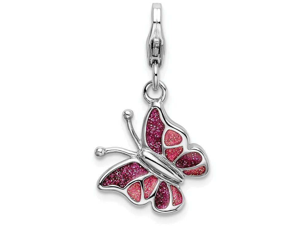 Sterling Silver Rhodium-plated Pink and White Enameled Butterfly With Lobster Clasp Charm