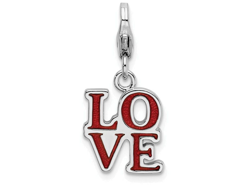Sterling Silver Rhodium-plated Red Enameled Love With Lobster Clasp Charm
