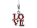 Sterling Silver Rhodium-plated Red Enameled Love With Lobster Clasp Charm