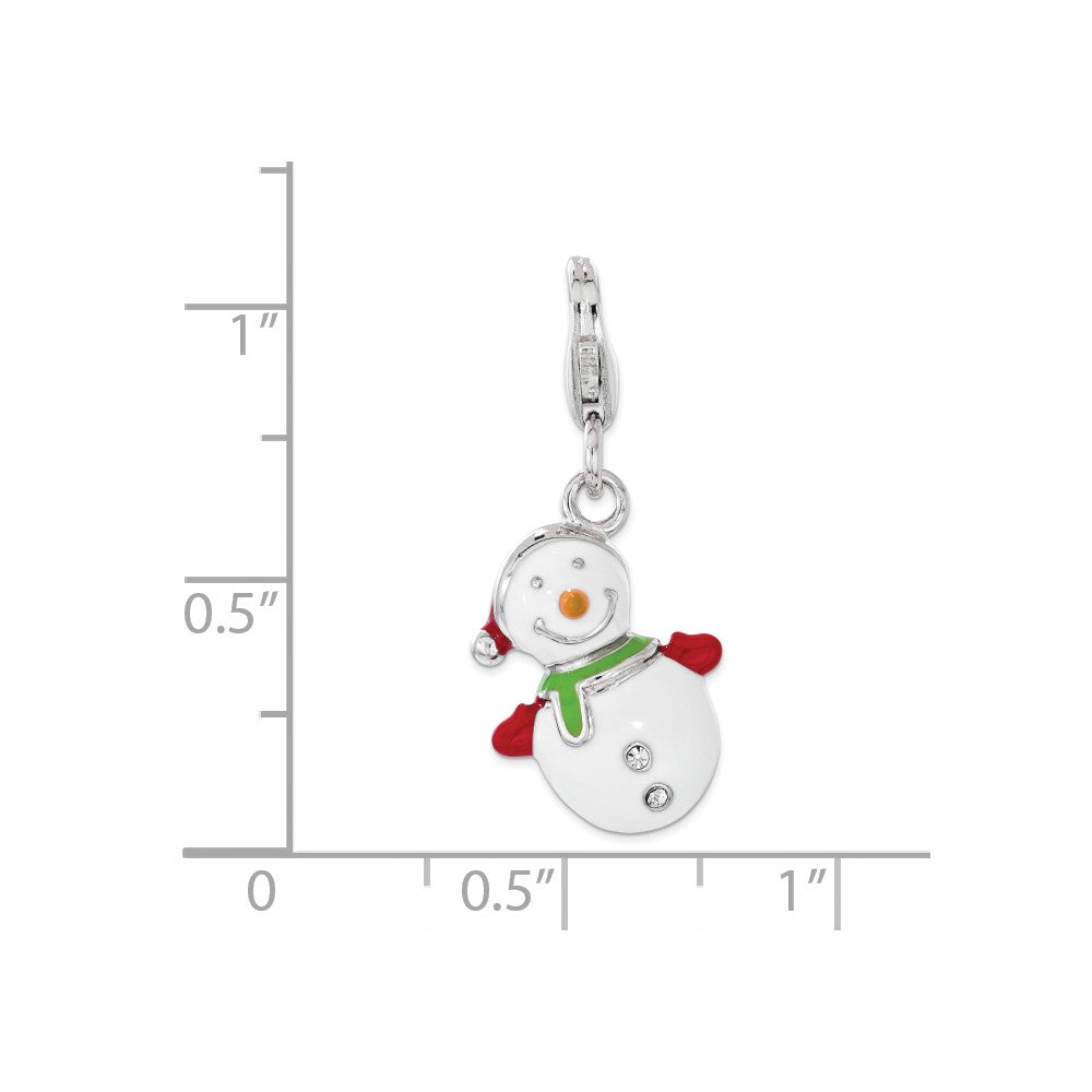 Sterling Silver Rhodium-plated Enameled With 3d Snowman Lobster Clasp Charm