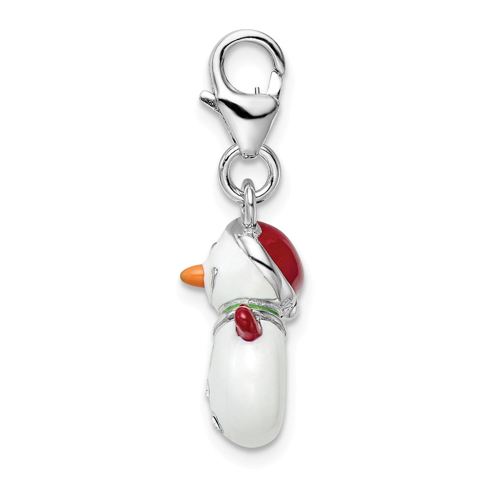 Sterling Silver Rhodium-plated Enameled With 3d Snowman Lobster Clasp Charm