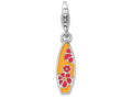 Sterling Silver Rhodium-plated Enameled Surf Board With  Flowers Lobster Clasp Charm