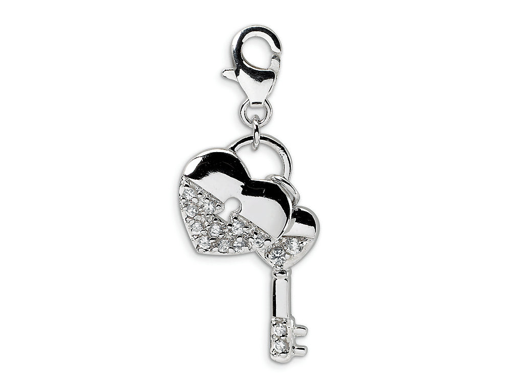 Amore LaVita Sterling Silver CZ Heart and Key w/Lobster Clasp Bracelet Charm