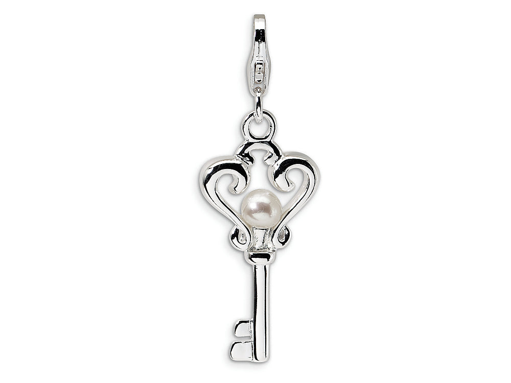 Amore LaVita Sterling Silver Freshwater Cultured Pearl Key w/Lobster Clasp Bracelet Charm