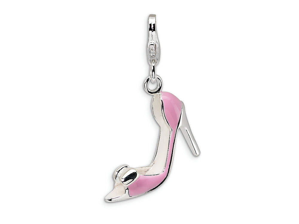 Amore LaVita Sterling Silver 3-D Enameled Bow-top Pink High Heel w/Lobster Clasp Bracelet Charm
