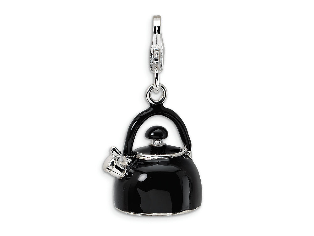 Amore LaVita Sterling Silver 3-D Enameled Black Tea Kettle w/Lobster Clasp Bracelet Charm