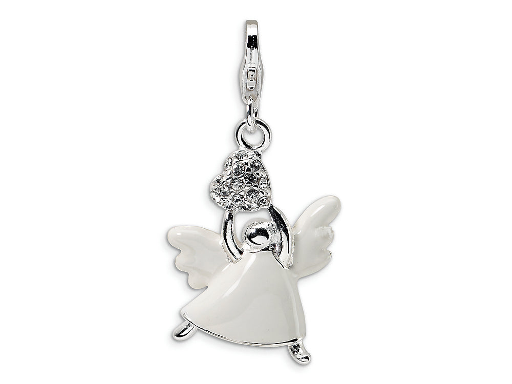 Amore LaVita Sterling Silver 3-D Enameled Crystal Angel w/Lobster Clasp Bracelet Charm