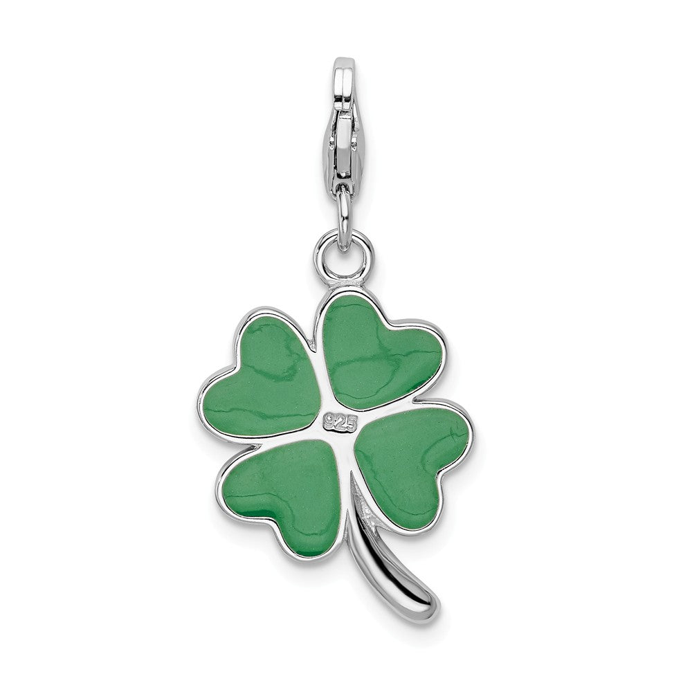 Sterling Silver Rhodium-plated 3-d Enameled 4 Leaf Clover With Lobster Clasp Charm