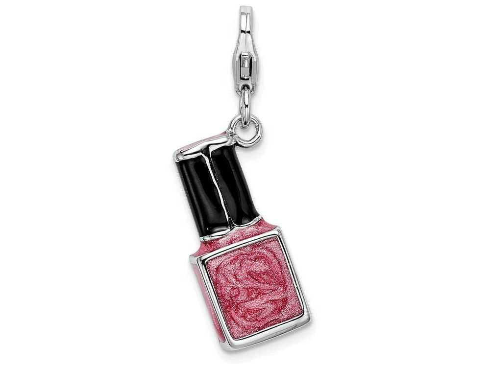 Sterling Silver Rhodium-plated 3-d Enameled Pink Nail Polish Bottle With Lobster Clasp Charm