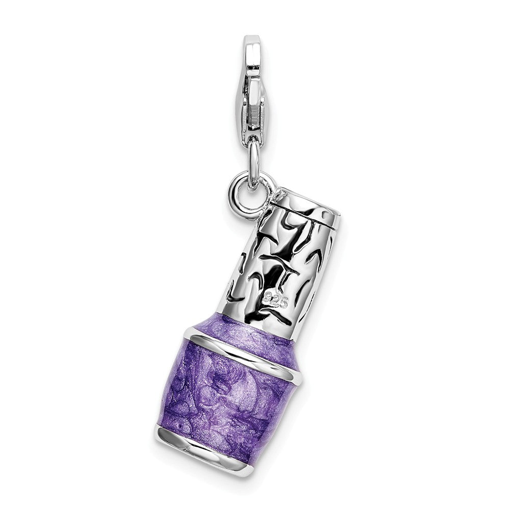 Sterling Silver Rhodium-plated 3-d Enameled Purple Nail Polish Bottle With Lobster Clasp Charm