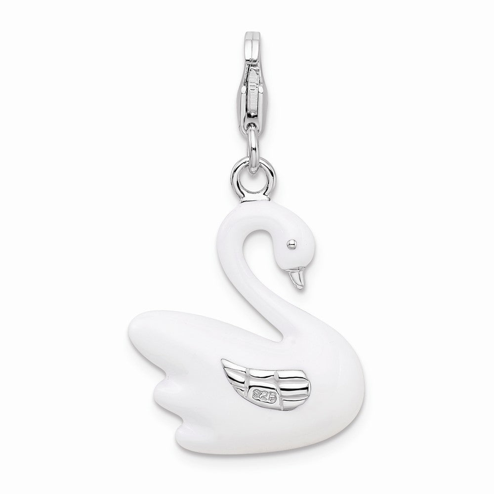 Sterling Silver Rhodium-plated 3-d Enameled Swan With Lobster Clasp Charm