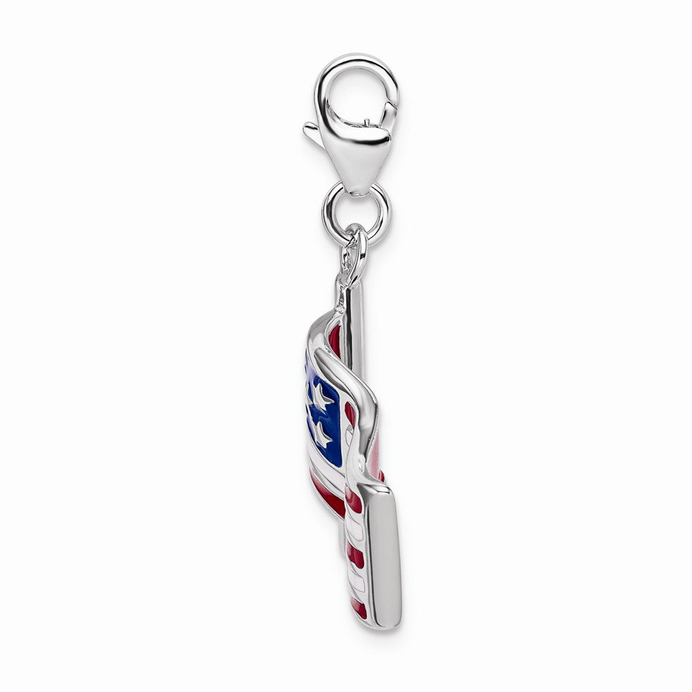 Sterling Silver Rhodium-plated 3-d Enameled American Flag With Lobster Clasp Charm