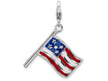 Sterling Silver Rhodium-plated 3-d Enameled American Flag With Lobster Clasp Charm