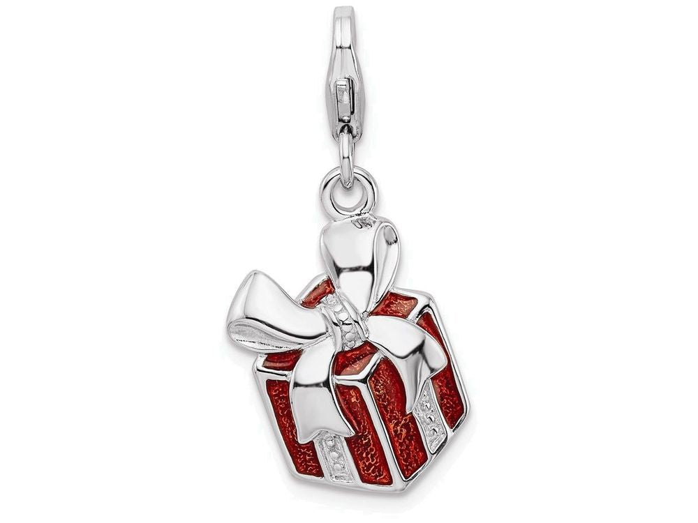 Sterling Silver Rhodium-plated Red Enameled Present With Lobster Clasp Charm