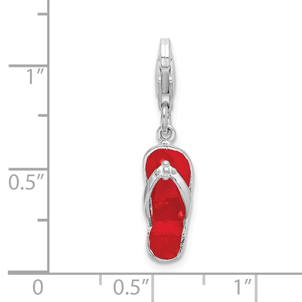 Sterling Silver Rhodium-plated Red Enameled Sandal With Pear Lock Clasp Charm
