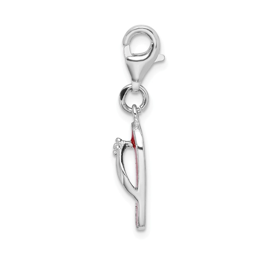 Sterling Silver Rhodium-plated Red Enameled Sandal With Pear Lock Clasp Charm