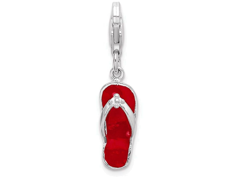 Sterling Silver Rhodium-plated Red Enameled Sandal With Pear Lock Clasp Charm