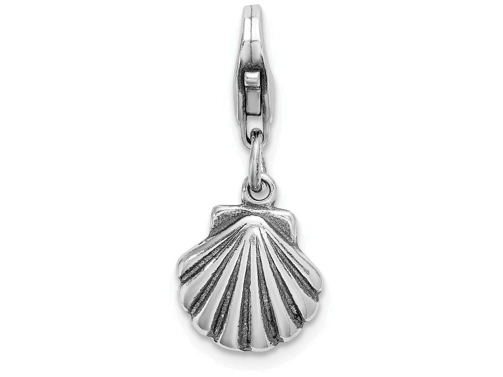 Sterling Silver Antiqued Clam Shell With Lobster Clasp Charm