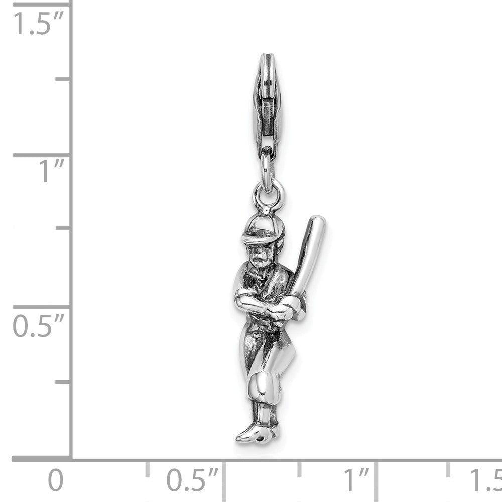 Sterling Silver 3-d Antiqued Baseball Player With Lobster Clasp Charm