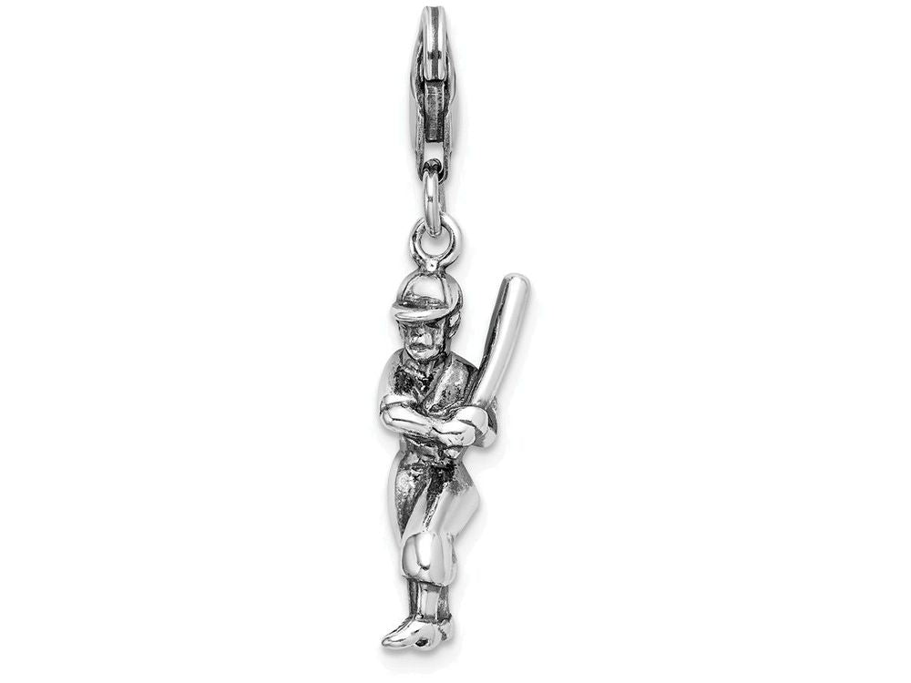 Sterling Silver 3-d Antiqued Baseball Player With Lobster Clasp Charm