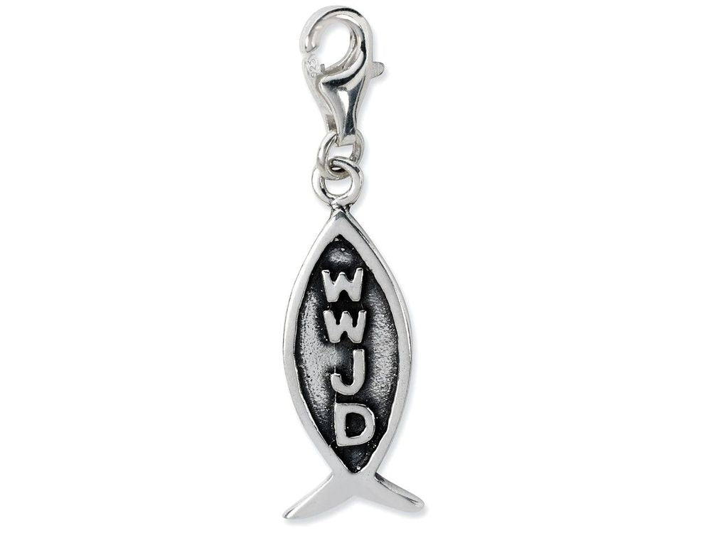 Sterling Silver Antiqued Wwjd Ichthus With Lobster Clasp Charm