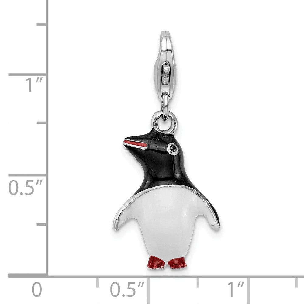 Sterling Silver Rhodium-plated Enamel Penguin With Lobster Clasp Charm