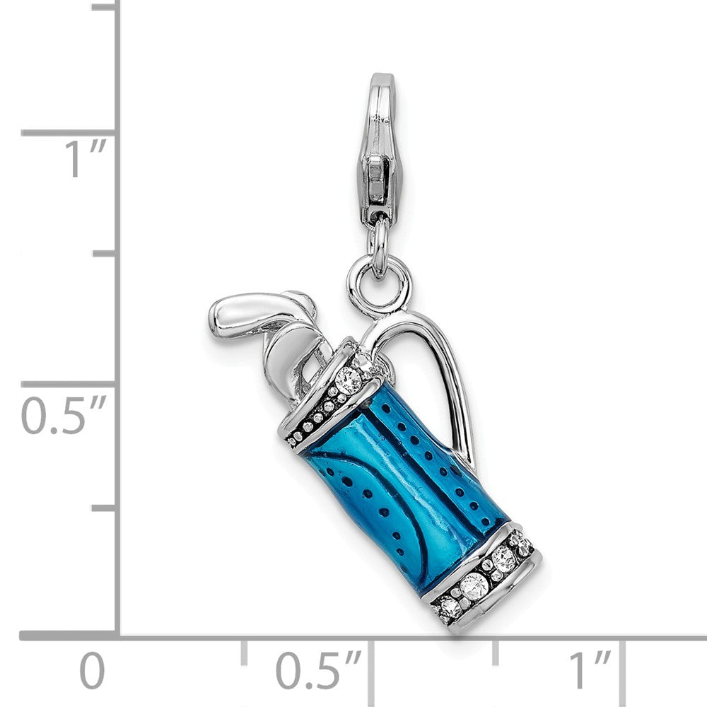 Sterling Silver Rhodium-plated Enameled 3-d Golf Bag And Clubs With Lobster Clasp Charm